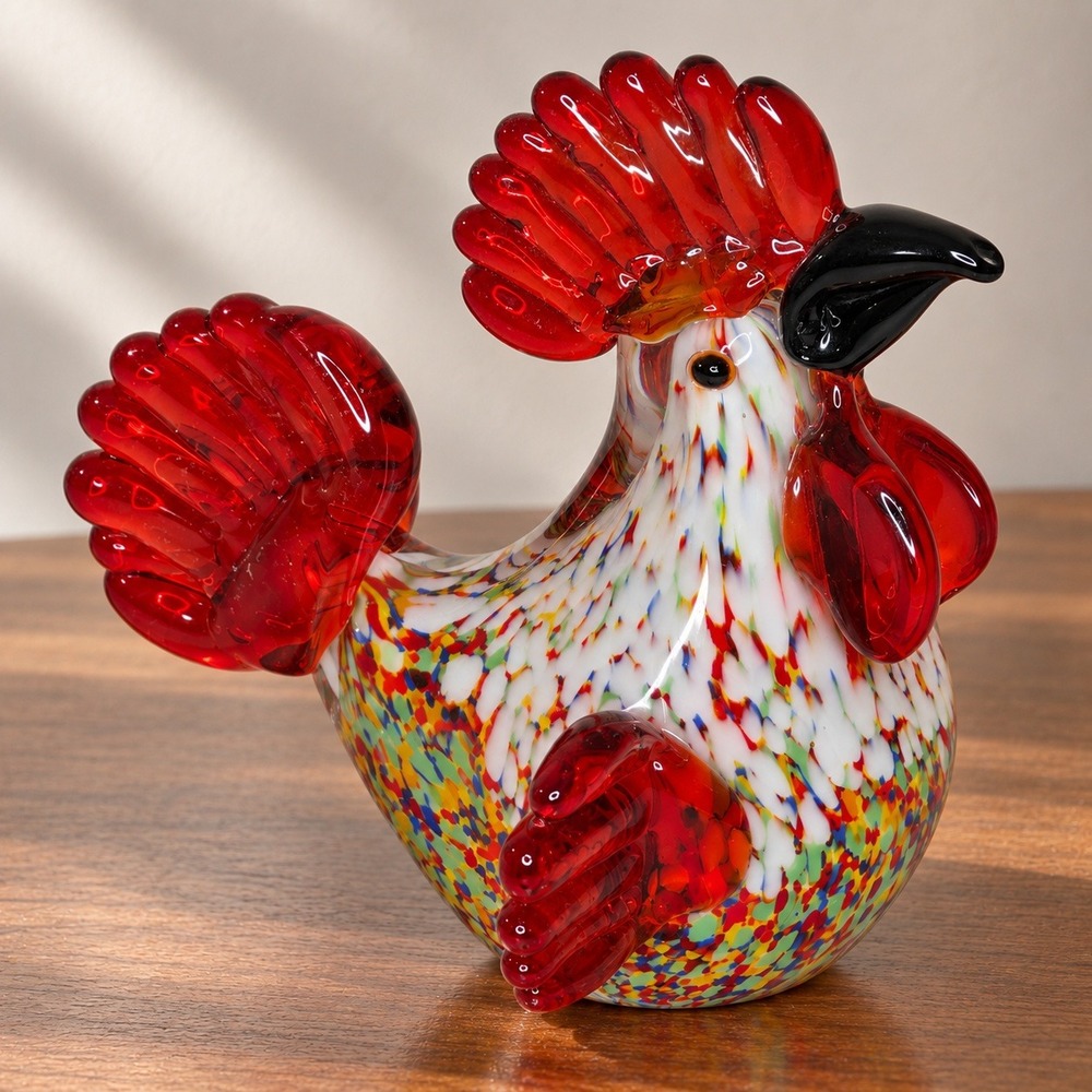 Art Glass Rooster Hand Blown Figurine 5.5In Red Confetti Murano Style Farm House